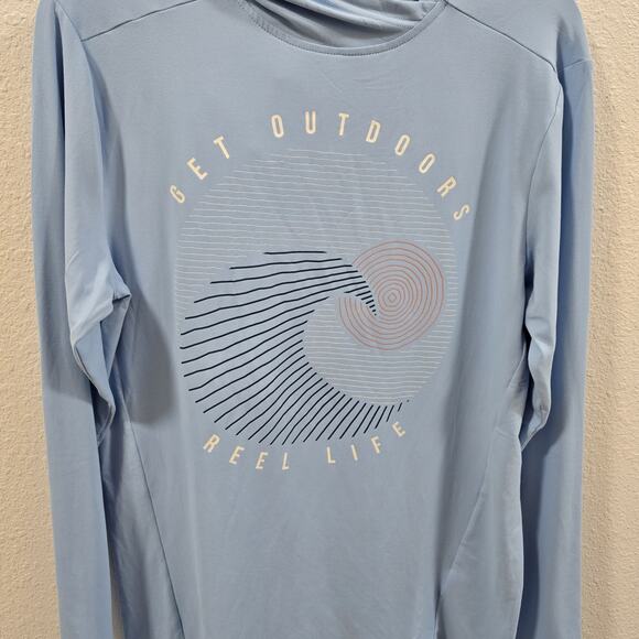 Reel Life Get Outdoors Performance Hoodie Shirt Light Blue UPF 50 S Long Sleeve - Picture 3 of 10